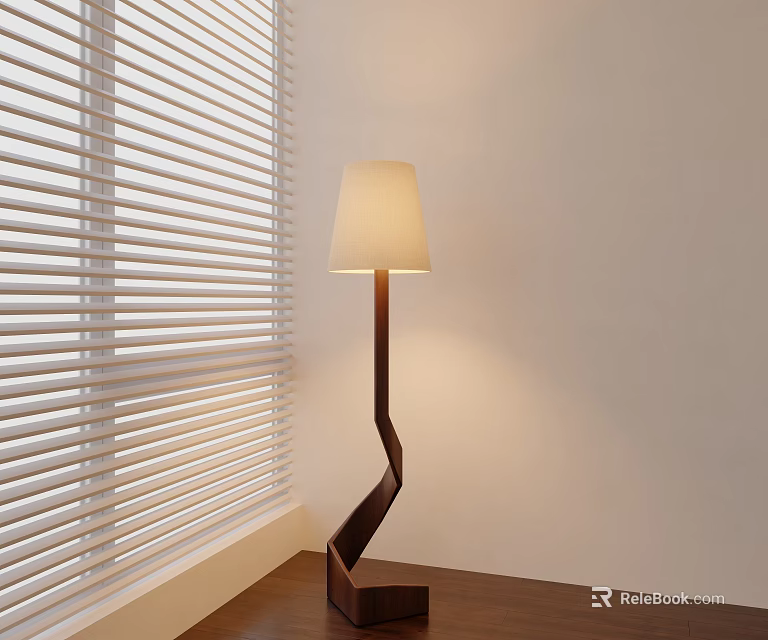 Modern Floor Lamp With Brown Pole Light Colored Shade Near Blinds On Wooden Floor 3d model 