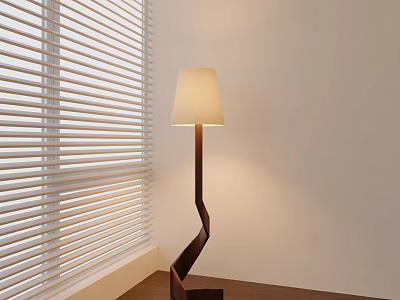 Modern Floor Lamp With Brown Pole Light Colored Shade Near Blinds On Wooden Floor 3d model
