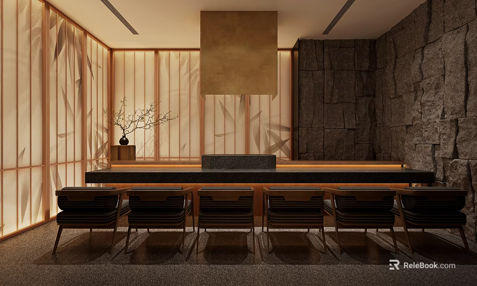 Front Desk Reception With Wooden Screens Stone Walls Long Counter Black Chairs And Decorative Plants 3d model 