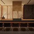 Front Desk Reception With Wooden Screens Stone Walls Long Counter Black Chairs And Decorative Plants
