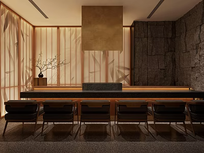 Front Desk Reception With Wooden Screens Stone Walls Long Counter Black Chairs And Decorative Plants 3d model