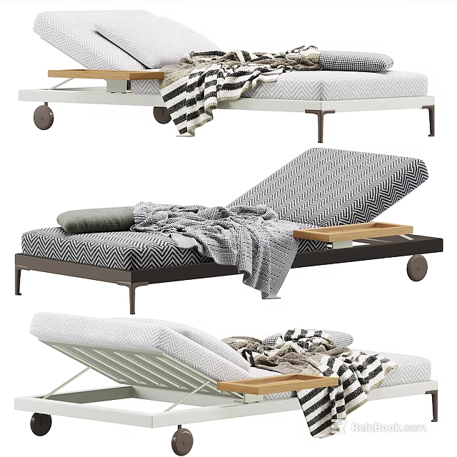 Modern Lounge Chair With Adjustable Backrest Cushions Blanket And Wooden Tray 3d model 