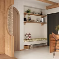 Warm Modern Living And Dining Area Interior With Wooden Shelves Plant And Decorative Vases