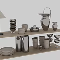 Sleek Modern Kitchenware Display On Shelves With Bowls Plates Pitchers And Vases