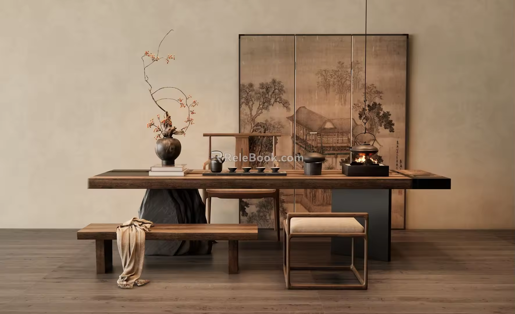 Log Style Tea Table and Chair Tea Table Screen Partition Bench Vase Tea Set Ornaments 3d model
