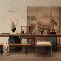 Log Style Tea Table and Chair Tea Table Screen Partition Bench Vase Tea Set Ornaments 3d model