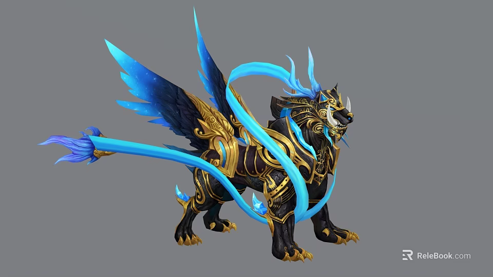 Elegant Mythical Creature With Blue Wings Golden Ornaments Black Body And Flowing Blue Ribbons 3d model 