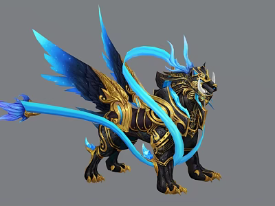 Elegant Mythical Creature With Blue Wings Golden Ornaments Black Body And Flowing Blue Ribbons 3d model
