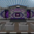Modern Theater Interior With Neatly Arranged Seats Stage Purple Lighting Background Screens And Grid Ceiling