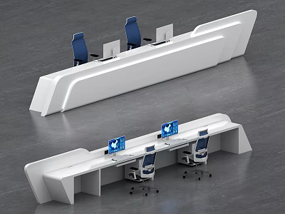Modern White Reception Desk With Blue Office Chairs And Computer Monitors 3d model
