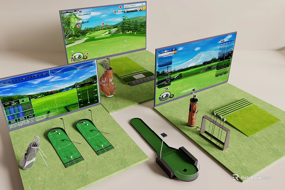 Golf Course Simulator Screens With Putting Green Mats Clubs And Training Aids 3d model 