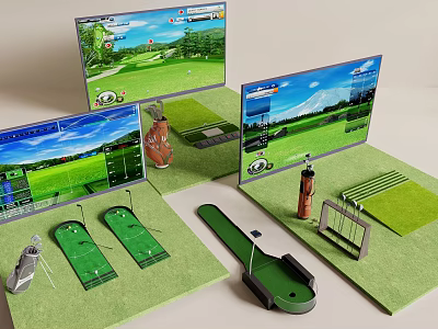 Golf Course Simulator Screens With Putting Green Mats Clubs And Training Aids 3d model