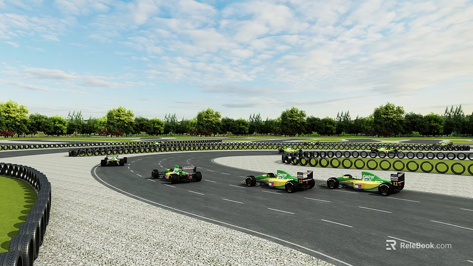 Professional Race Track Road Facility With Racing Cars Guardrails And Green Trees 3d model 