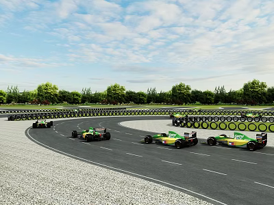 Professional Race Track Road Facility With Racing Cars Guardrails And Green Trees 3d model