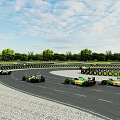 Professional Race Track Road Facility With Racing Cars Guardrails And Green Trees