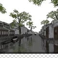 Ancient Architecture in Water Town with River Trees and Sunset View 3d model