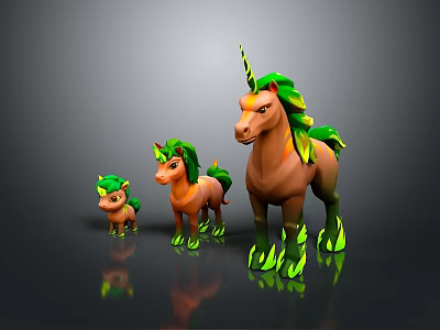 Three Unicorns With Green Manes Horns And Brown Bodies On Reflective Surface 3d model