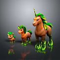 Three Unicorns With Green Manes Horns And Brown Bodies On Reflective Surface