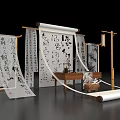 Art Installation Featuring Traditional Chinese Calligraphy Scrolls And Bamboo Frames With Writing Tools 3d model