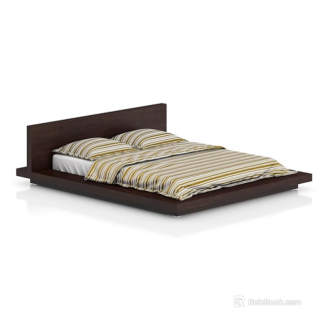 Modern Minimalist Double Bed With Wooden Frame Flat Headboard And Striped Bedspread 3d model 