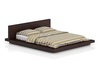 Modern Minimalist Double Bed With Wooden Frame Flat Headboard And Striped Bedspread 3d model