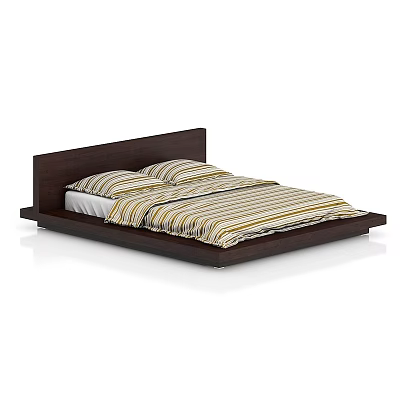 Modern Minimalist Double Bed With Wooden Frame Flat Headboard And Striped Bedspread 3d model