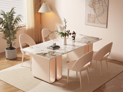 Modern Dining Table Set With Marble Top Four Chairs Potted Plant And Floor Lamp 3d model