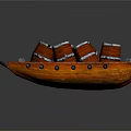 Traditional Orange Wooden Boat With Red Barrels And Metal Details Sailing On Water