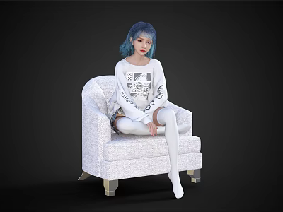 Woman with Blue Hair Wearing White Sweatshirt and White Tights Sitting on White Chair 3d model
