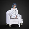 Woman with Blue Hair Wearing White Sweatshirt and White Tights Sitting on White Chair