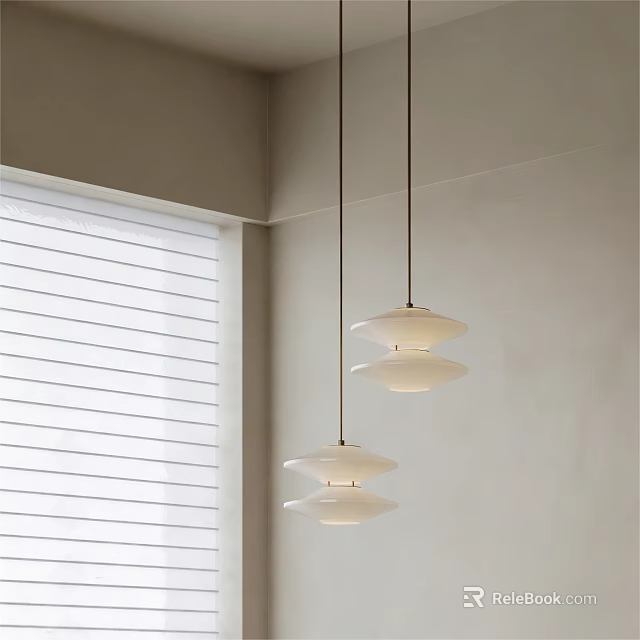 Modern White Layered Pendant Lights In Minimalist Room With Window Blinds 3d model 