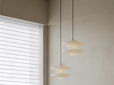 Modern White Layered Pendant Lights In Minimalist Room With Window Blinds 3d model