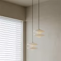 Modern White Layered Pendant Lights In Minimalist Room With Window Blinds