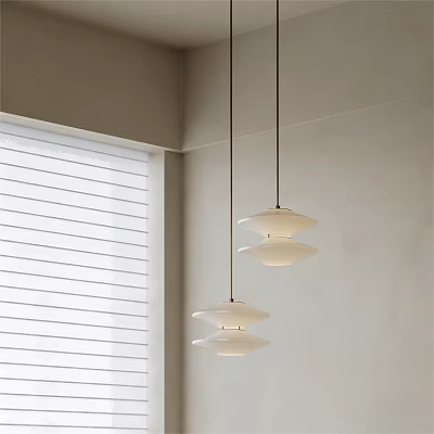 Modern White Layered Pendant Lights In Minimalist Room With Window Blinds 3d model