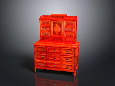 Red Wooden Dresser With Ornate Design Multiple Drawers And Upper Cabinet 3d model