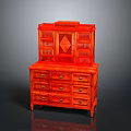 Red Wooden Dresser With Ornate Design Multiple Drawers And Upper Cabinet