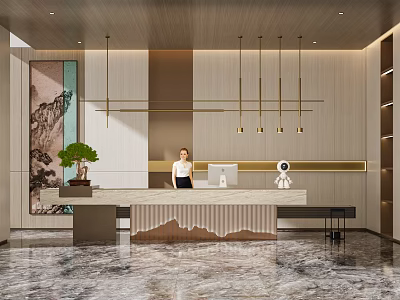 Modern Elegant Front Desk Reception With Marble Counter Receptionist Decorative Painting Hanging Pendant Lights 3d model