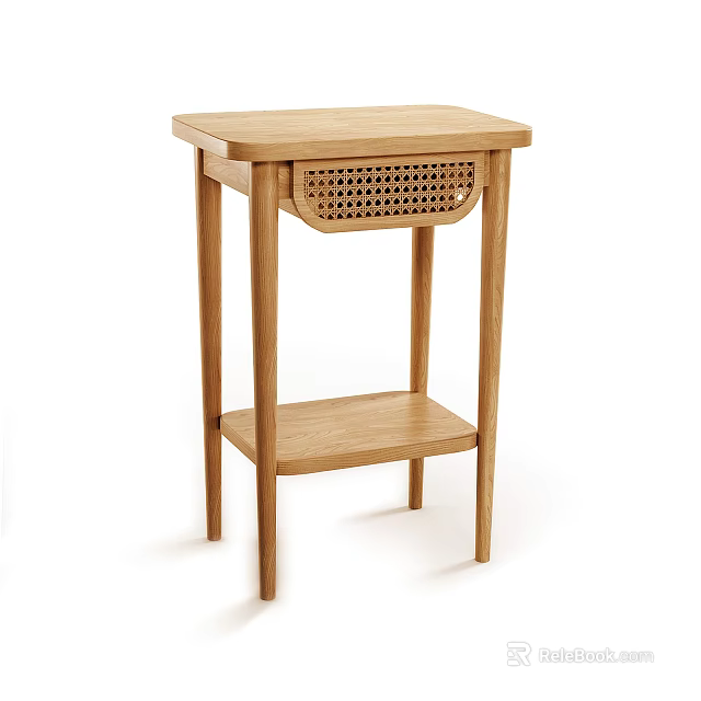 Minimalist Wooden Bedside Table With Woven Drawer And Lower Storage Shelf 3d model 