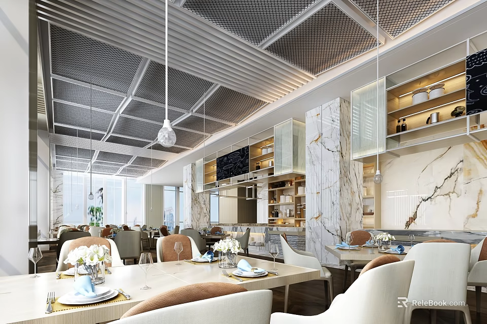 Elegant Modern Restaurant Interior With Marble Walls Neatly Arranged Dining Tables And Pendant Lights 3d model 