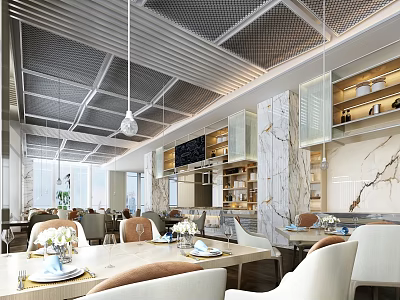 Elegant Modern Restaurant Interior With Marble Walls Neatly Arranged Dining Tables And Pendant Lights 3d model