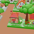 Miniature Cartoon Style Small Houses with Various Colored Roofs Green Trees Cars and Benches