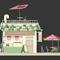 Cartoon Style Shop Scene With Colorful Awning Balcony Pink Umbrellas And Outdoor Tables
