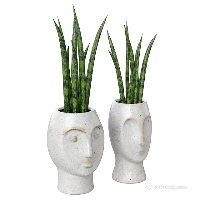 Two White Ceramic Face Shaped Vases With Green Striped Indoor Plants 3d model 