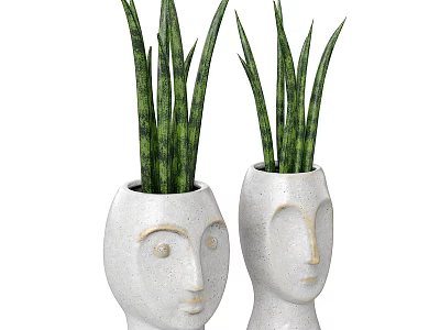 Two White Ceramic Face Shaped Vases With Green Striped Indoor Plants 3d model