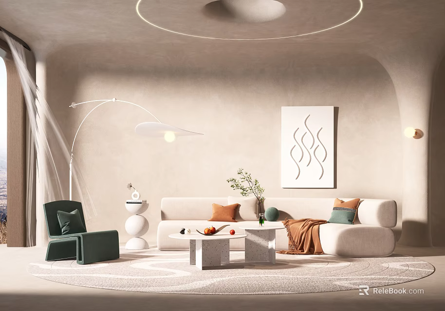 Modern Living Room Interior With Curved Sofa Green Chair Round Rug And Decorative Artwork 3d model 