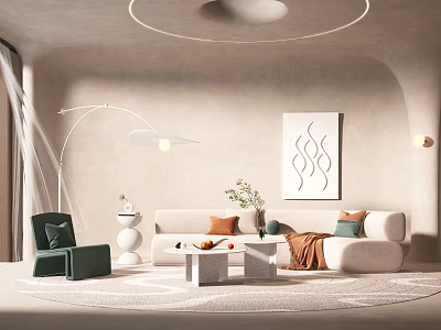 Modern Living Room Interior With Curved Sofa Green Chair Round Rug And Decorative Artwork 3d model