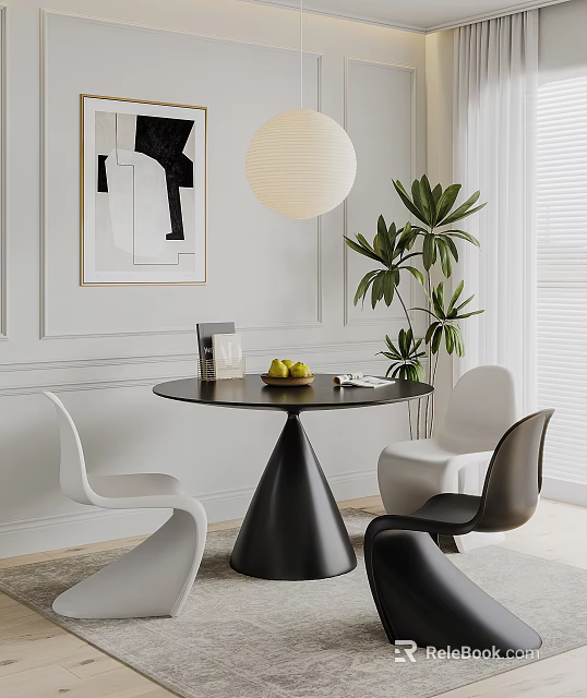 Modern Round Black Dining Table With White And Black Chairs And Green Plant 3d model 