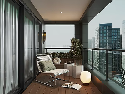 Modern Home Balcony with White Rattan Chair Green Cushion Wooden Floor and City View 3d model