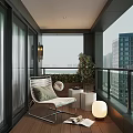 Modern Home Balcony with White Rattan Chair Green Cushion Wooden Floor and City View