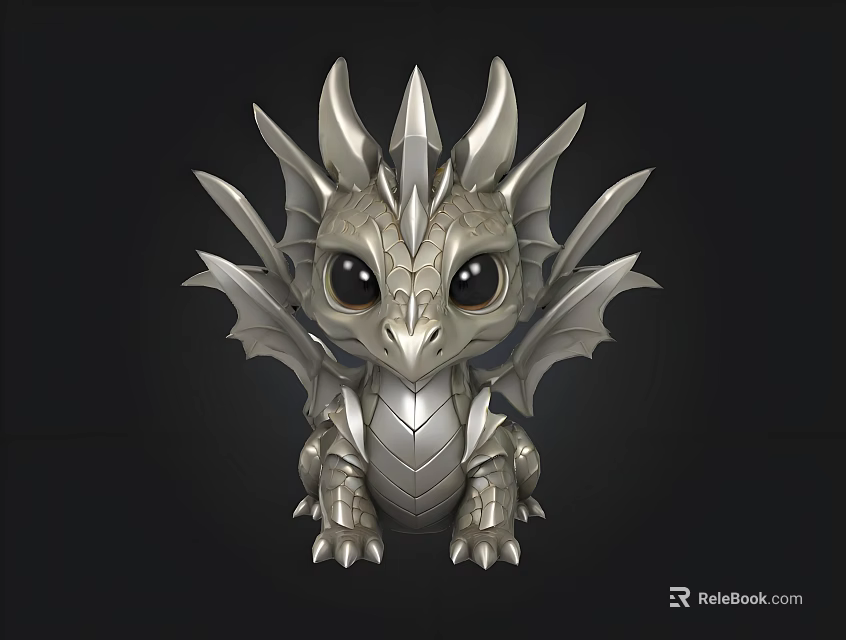 Silver Baby Dragon Figurine With Spiked Back Wings And Big Eyes 3d model
